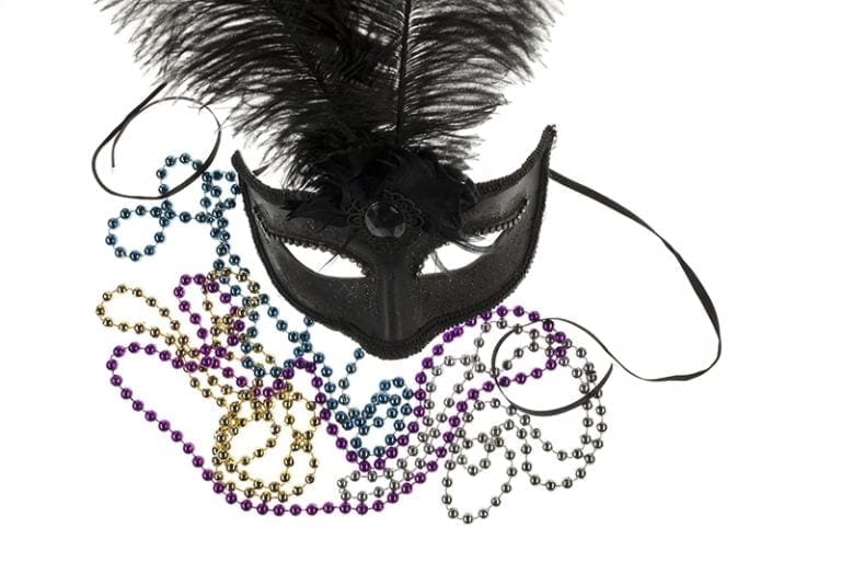 Shiny Gold, Purple, Blue And Silver Beads And Mardi Gras Mask Wi