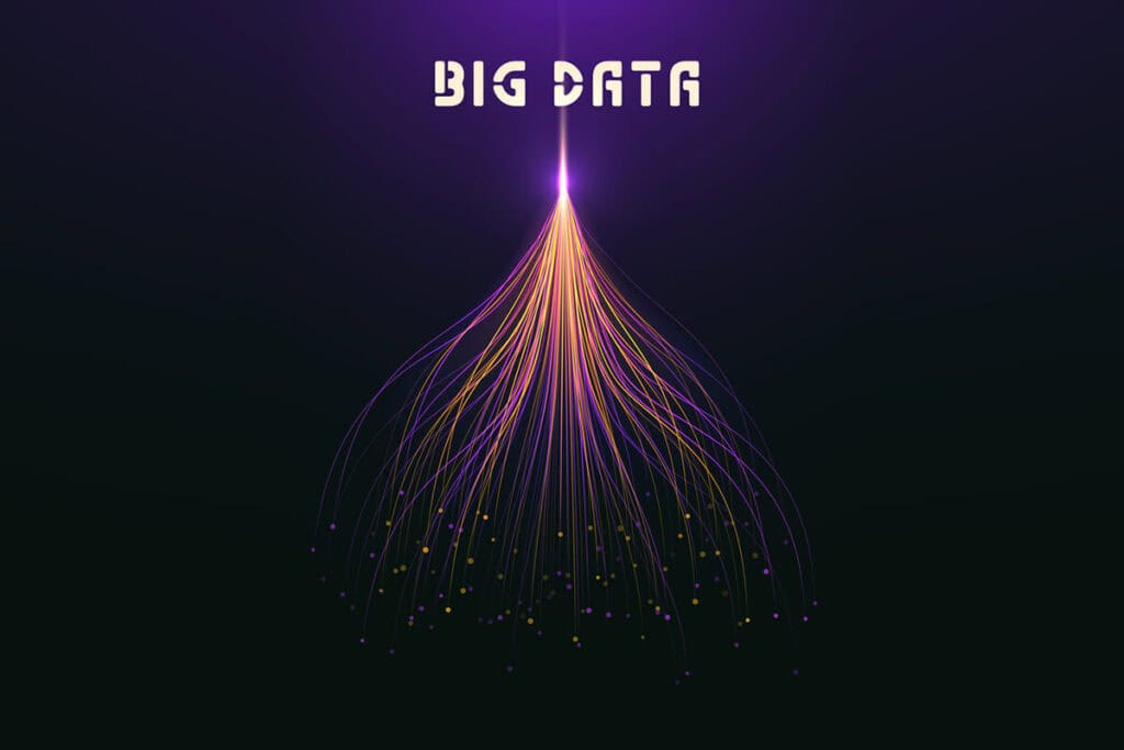 Artistic digital illustration of a kind of data cluster on a black background representing what is big data.