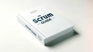 A thick, white hardcover book titled "The Scrum Guide" on a soft gradient background.