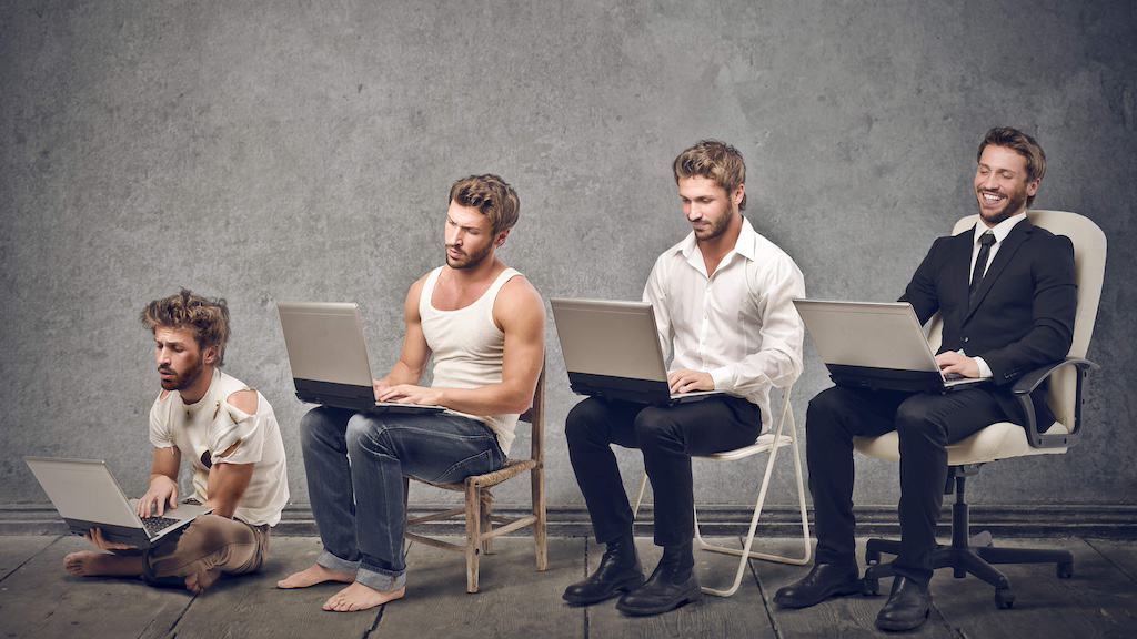 The evolution of business intelligence. 4 man sitting, gradually improve poster, clothes, and technology representing  evolution. 