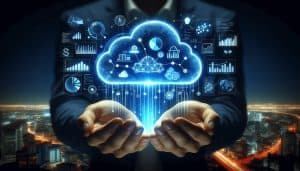 A pair of hands open towards the viewer, framing a glowing, holographic cloud in the center. The cloud is filled with cloud analytics symbols
