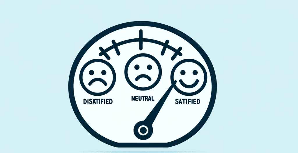 A simplistic customer satisfaction meter on a light blue background. The meter has three positions indicating different levels of satisfaction 