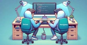 Illustration of two people working on same computer representing pair programming