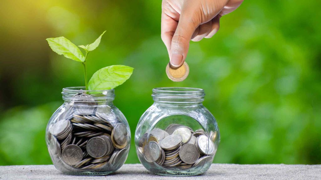 image of hand adding a coin to a half empty jar, and a full chart with a plant growing out of it