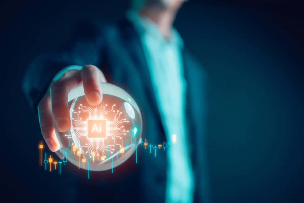 Person holding a glowing crystal ball with an AI symbol, representing what is enterprise service management future.