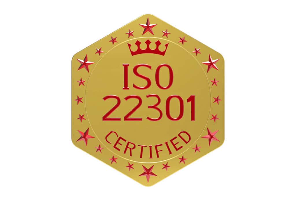 ISO 22301 certification badge, emphasizing business continuity standards.