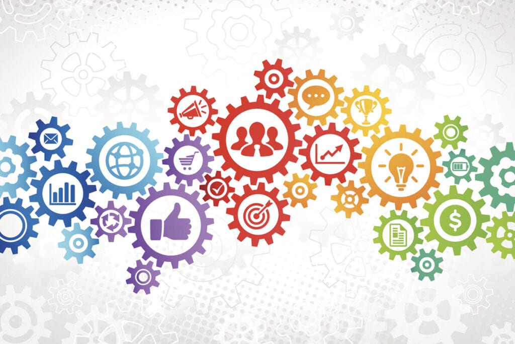 
Colorful gears with icons representing enterprise service management concepts.