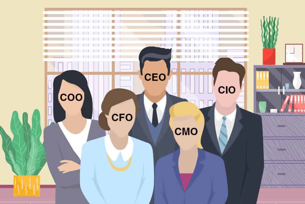 An illustrated image depicting a group of business executives labeled with their roles: CEO, CFO, COO, CMO, and CIO, standing together in an office setting.