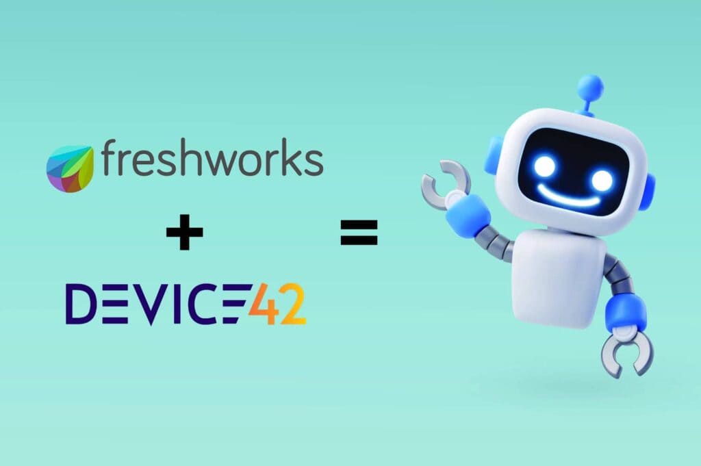 Light green canvas Freshworks and Device 42 logos with a friendly robot reflecting the news: Freshwork acquires Device42.