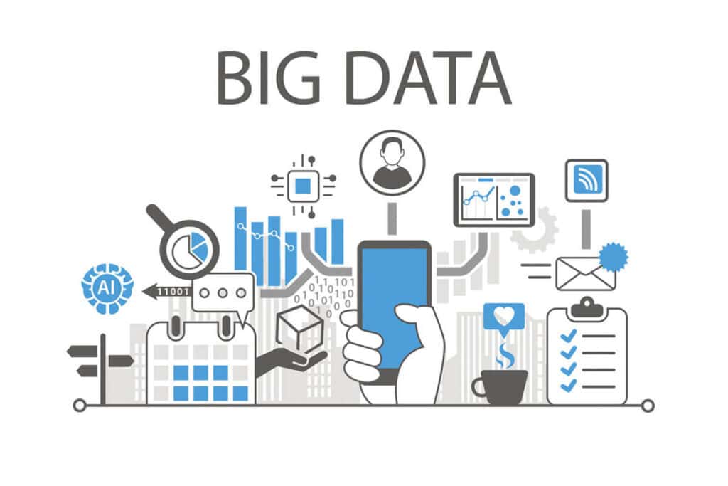 Illustration with "Big Data" text and various data analysis icons.