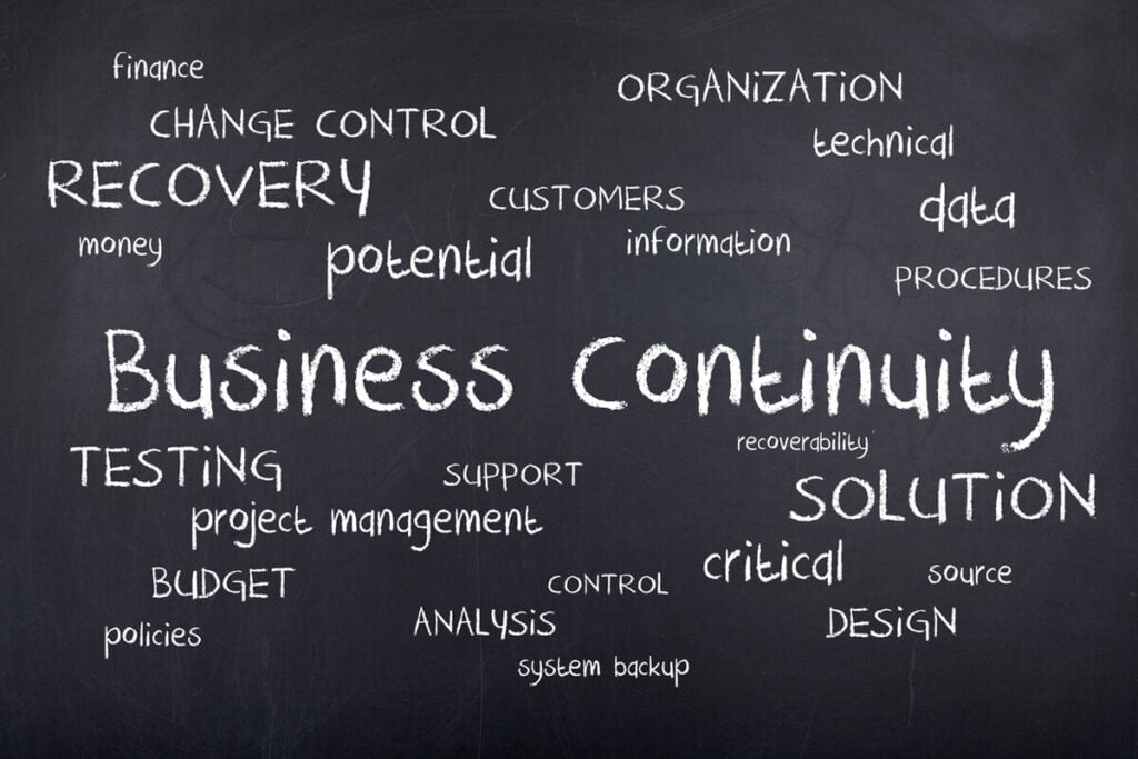 Comprehensive business continuity plan word cloud on chalkboard