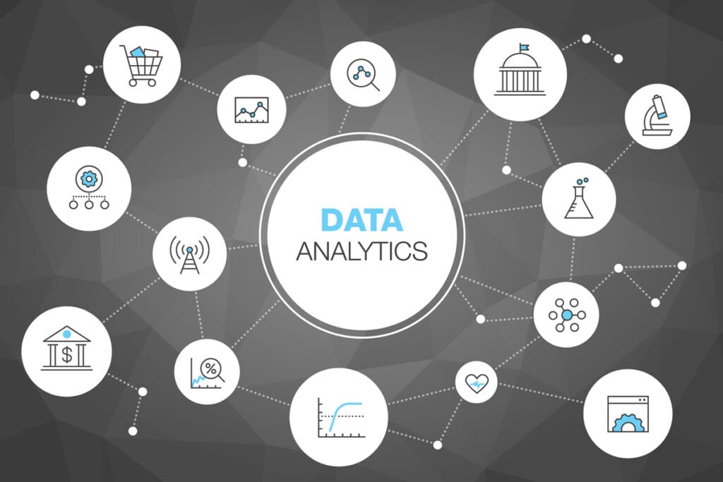 An interconnected web of icons representing various data analytics concepts, with a central circle labeled "DATA ANALYTICS," showcasing the integration of enterprise business intelligence data analytics.