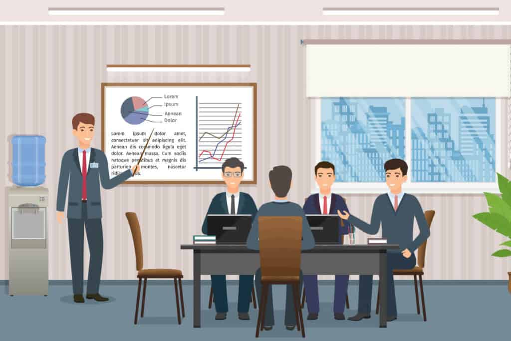 An illustration of a business meeting with professionals in suits discussing charts and graphs on a whiteboard, representing enterprise business intelligence training.