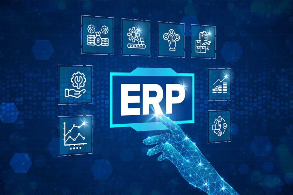Digital hand interacting with ERP icons, representing the fusion of ERP and AI.