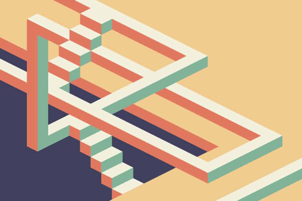 A colorful abstract illustration featuring a series of interconnected, angular pathways and staircases, creating a visually complex and geometric pattern. The design is rendered in shades of beige, peach, mint green, and navy blue. This image represents the concept of "how to build a business continuity plan," symbolizing the intricate and structured approach required for effective planning.