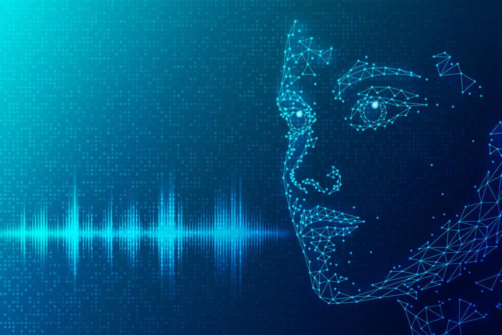Digital face and sound wave, representing natural language processing.