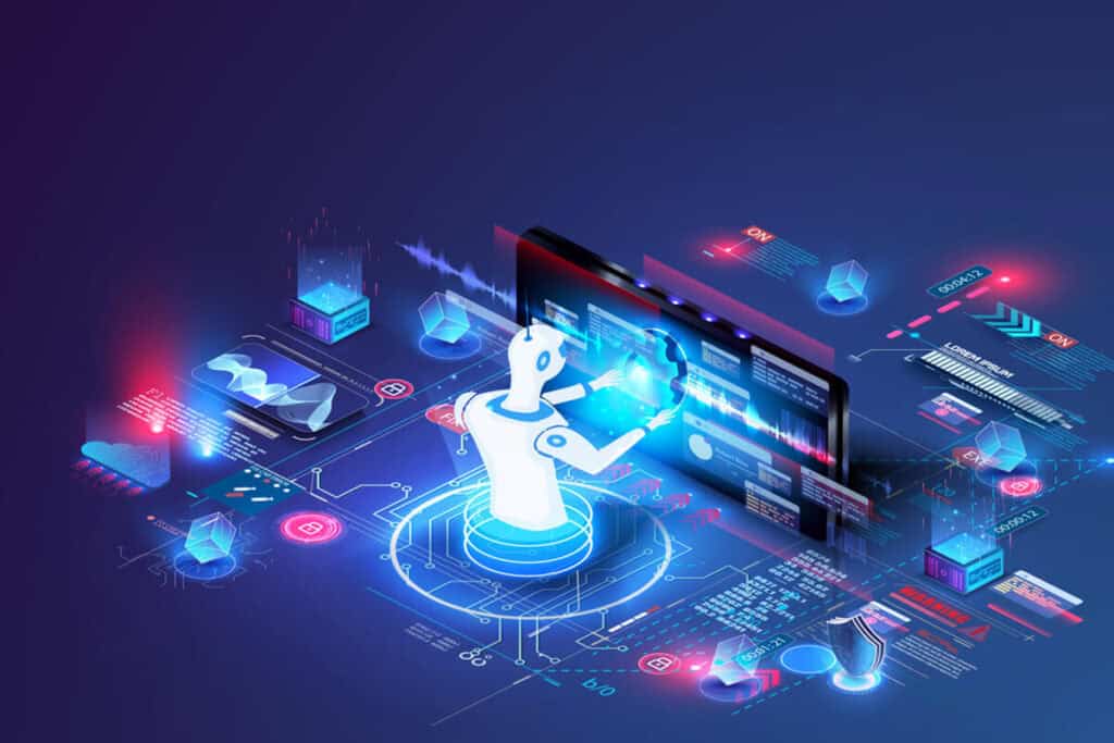 Digital illustration of a robot holding a gear in front of a screen, surrounded by multiple graphs and data, representing the classic question:automated intelligence vs artificial intelligence