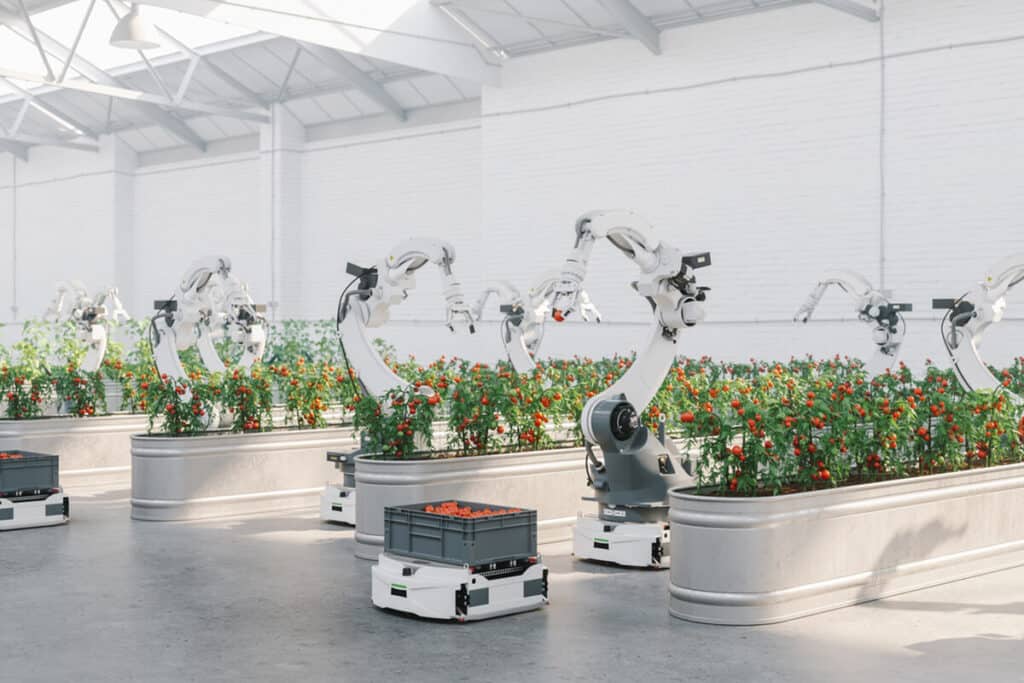 Group of automated robotic arms working in a greenhouse.