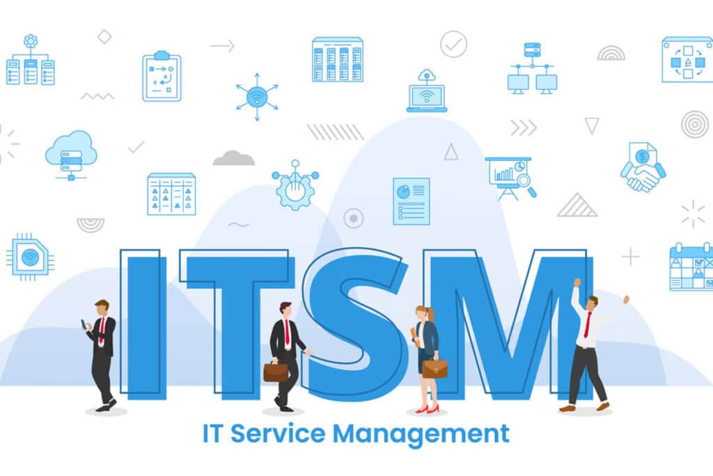 Illustration with people and icons explaining the concept 'What is ITSM.