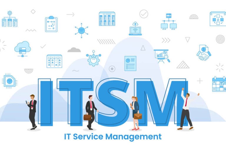 Illustration with people and icons explaining the concept 'What is ITSM.