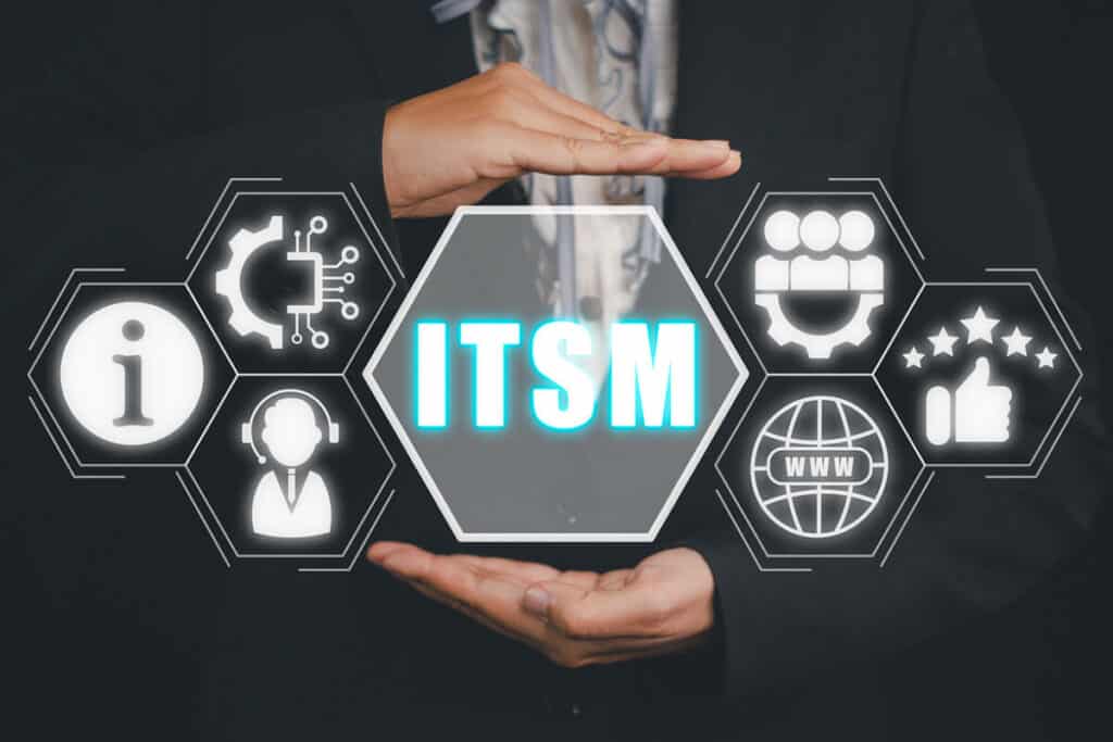 Hands framing icons representing various 'ITSM services' in a digital interface.